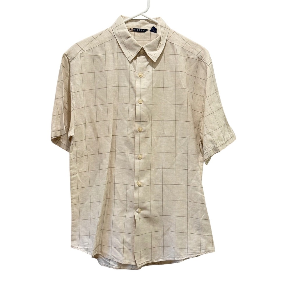 Hobie Mens M Tan Plaid Short‎ Sleeve Button Up Shirt Beachy Linen Blend Casual